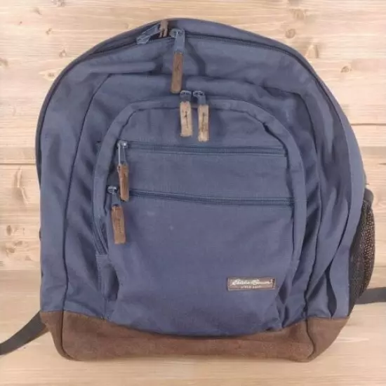 Vintage 2002 Eddie Bauer Backpack Navy Blue Leather Bottom Back Pack 