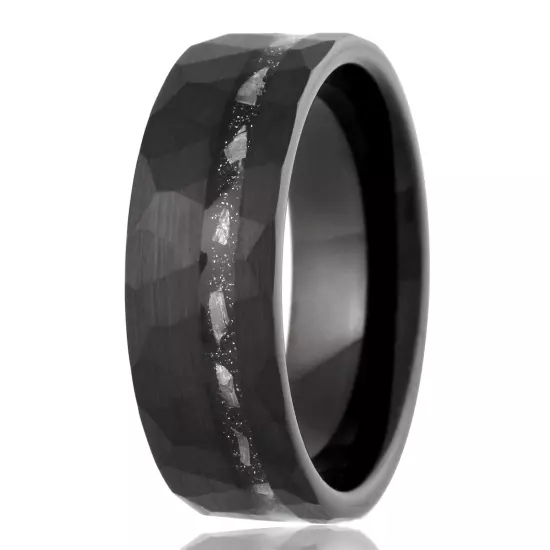 8mm Black Tungsten Men's Faceted Faux Meteorite Striped Wedding Band Ring