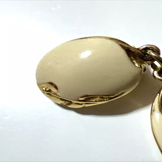 Vintage EDGAR BEREBI Cream Enamel & Gold Tone Earrings Clip On 1980s 2 1/8"