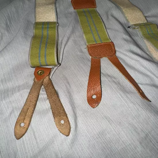 Vintage 1950s Police Brace Suspenders Y-Back Stripe Green Pebbled Leather