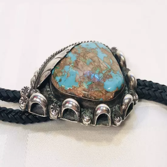 Vtg Bennett Silver Turquoise BOLO TIE w/ Leaf + Aiguillettes C-31 Pat. Pend.