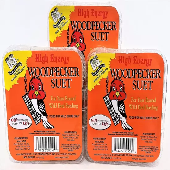 High Energy Woodpecker Suet Cake for Wild Birds 11 Ounces 3 Pack