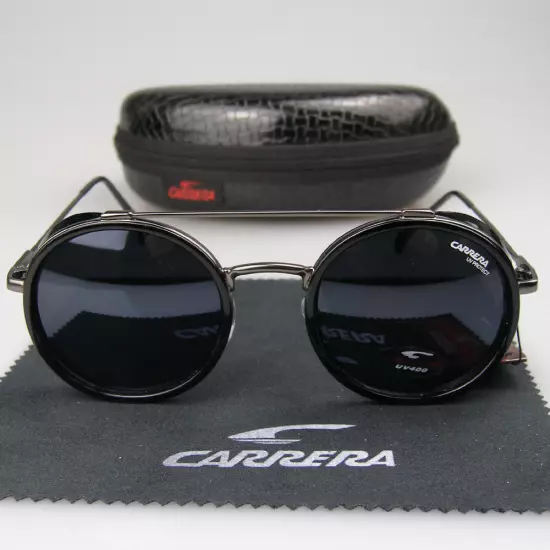 Men Women Retro Sunglasses Matte Black Metal Round Frame Carrera Glasses+Box C39