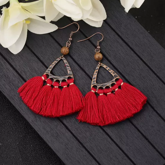 Fashion Women Bohemian Earrings Long Tassel Fringe Drop Dangle Ear Stud Jewelry