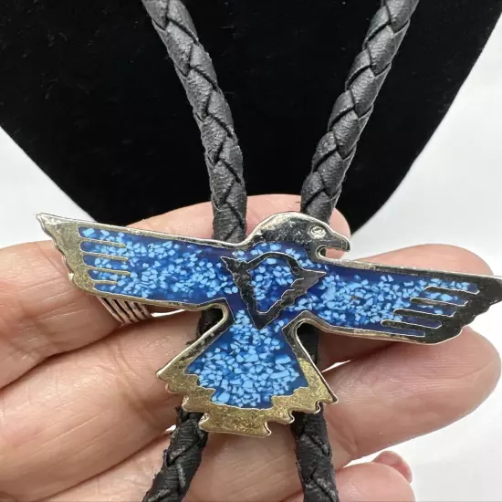 Vintage Bolo Tie Eagle With Crushed Turquoise Inlay Silver Tone Black Cord