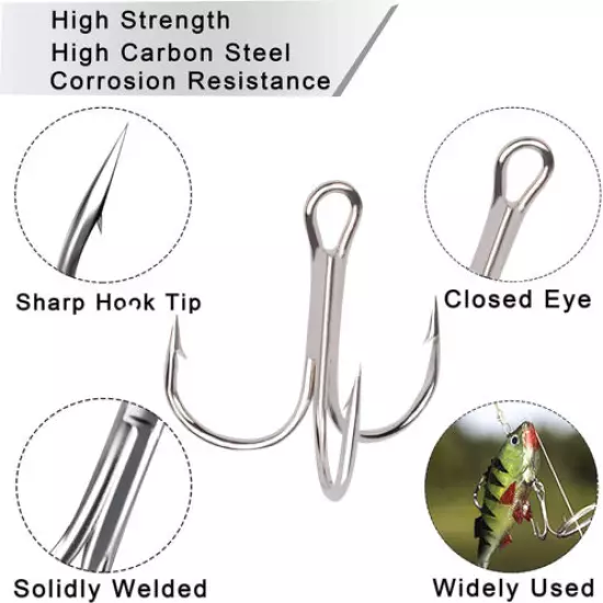 200pcs Treble Fishing Hook Round Bend Sharp Treble Hooks Size 1/4/6/8/10/12/14