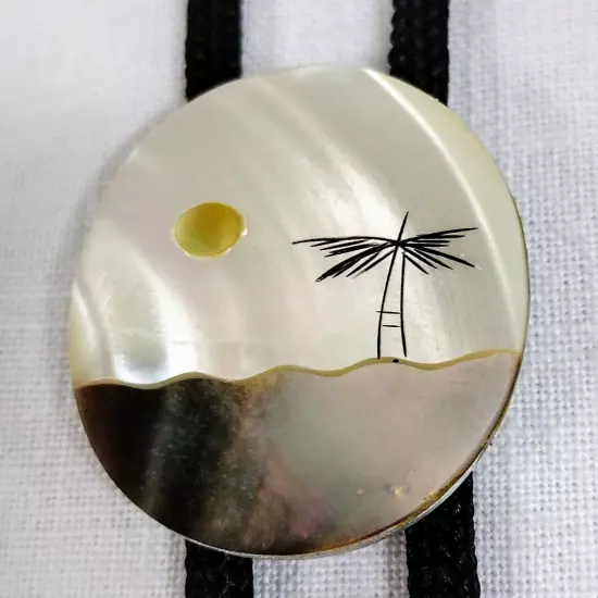 Vtg. Mother Of Pearl Bolo Tie Landscape Beach Scene West Coast Retro Accessory 