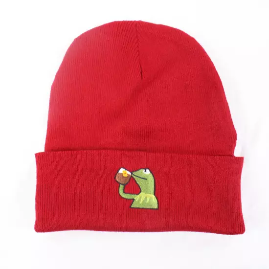 Unbranded Kermit Sipping Tea Embroidered Beanies in Grey & in Red (OS) Lot of 50