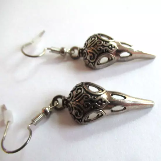 Silver tone dangle Raven Crow Skull earrings