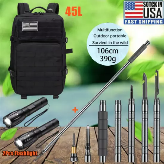 45L Military Tactical Backpack |Trekking Poles Survival Kit | 2Pc LED Flashlight