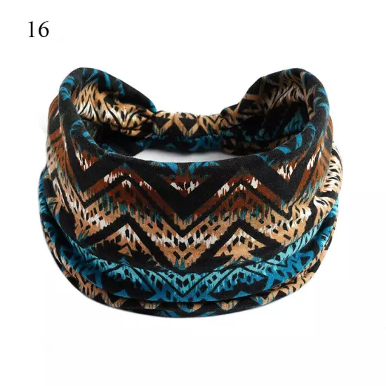 Women Boho Flower Print Wide Headband Vintage Knot Elastic Turban Headwrap *