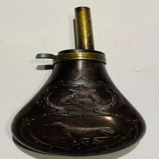 VINTAGE BLACK POWDER FLASK HUNTING SCENE DOG PHEASANTS