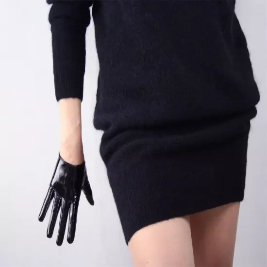 LATEX GLOVES Shine Leather Faux Patent Vegan PU 8" 21cm Short Basic Shine Black