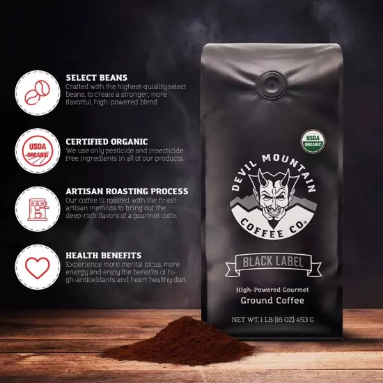 Devil Mountain Coffee Black Label Dark Roast Ground Coffee, Strong High Caffe...