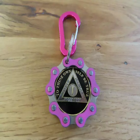 AA Key Chain Chip Holder Keyring Pink w/ Carabiner Alcoholics Anonymous Women's