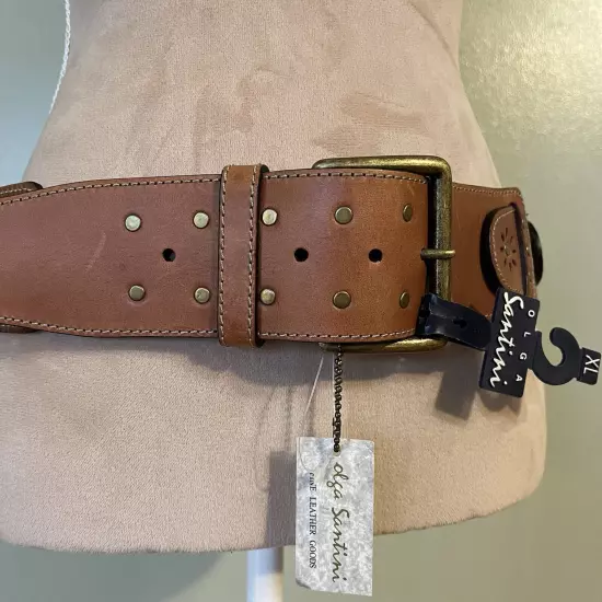 Olga Santino Brown Studded Leather Womens Belt XL 44” NWT