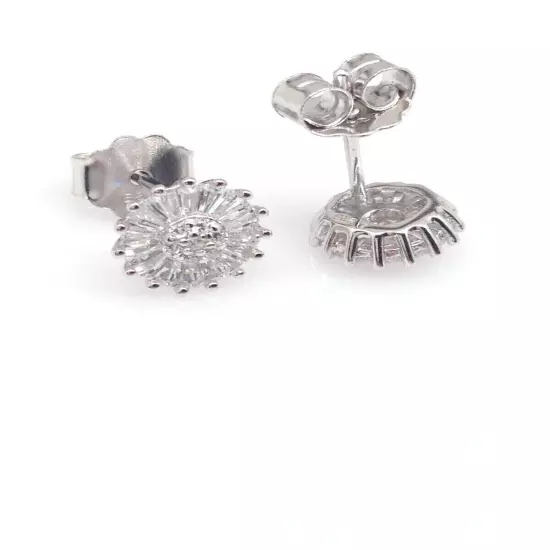 925 Sterling Silver Baguette Cz Disc Stud Earrings Womens Girls 7mm Tiny Studs