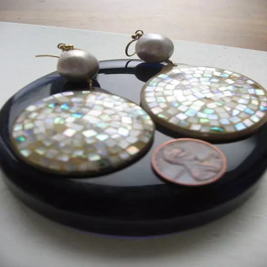 Chan Luu Earrings Pearl Abalone Shell Inlay Mosaic Style Gold NWT $215 Moderrn