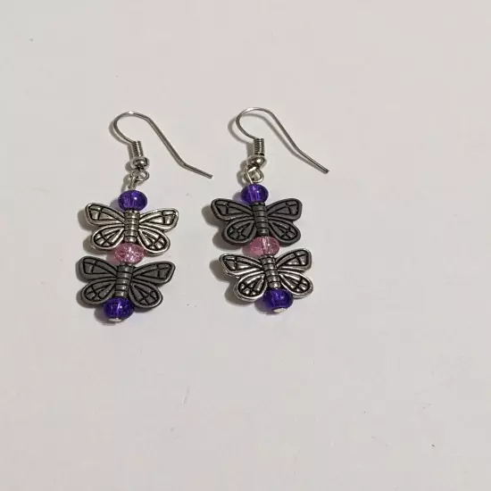 Silver Tone Hook/Dangle Butterfly Earrings With Acrylic Beads. Etched. Modern. 