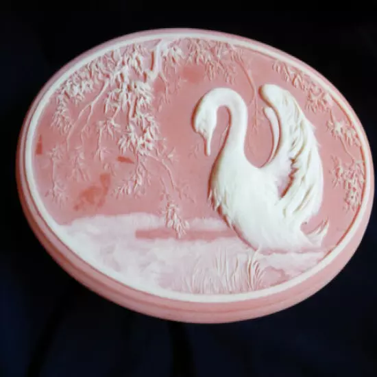 Design Gifts Stone Swan & Foliage Scene Cameo White on Peach Oval Trinket Box