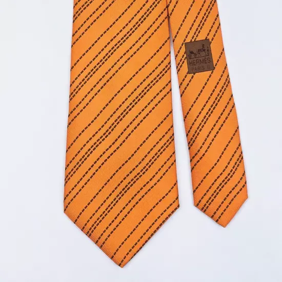 HERMES TIE 5114 HA Brown Dash Striped on Orange Silk Necktie