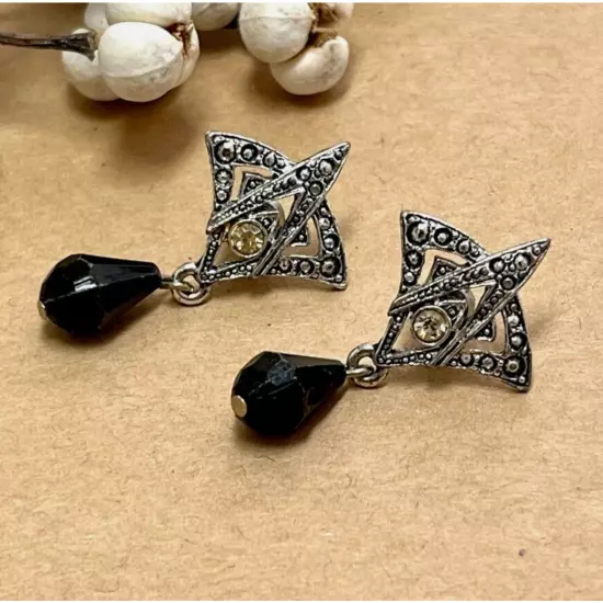 Vintage Art Deco Style Silver Earrings with Rhinestones & Black Bead Drop