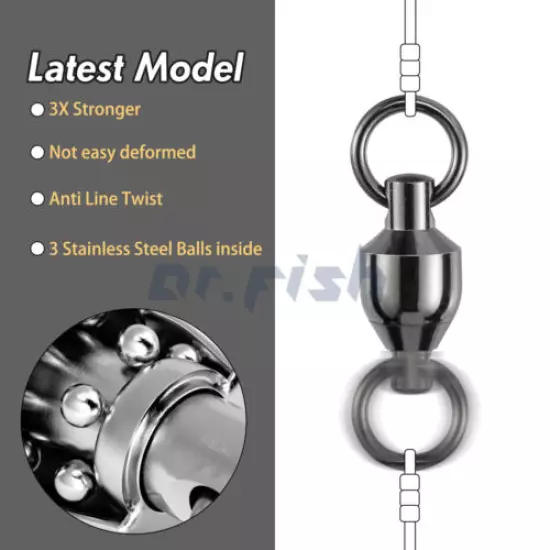 50/100pcs Ball Bearing Trolling Swivel Snaps Solid Ring 35-500LB Stainless Steel