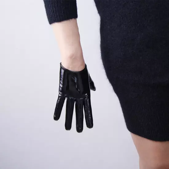 LATEX GLOVES Shine Leather Faux Patent Vegan PU 8" 21cm Short Basic Shine Black