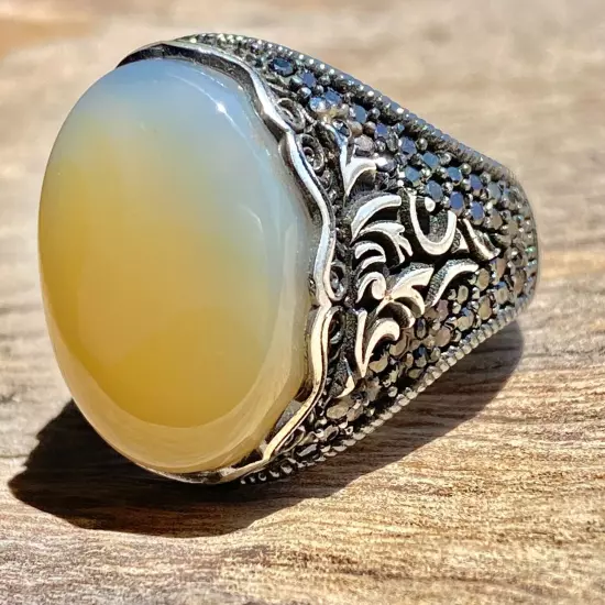 925 Sterling Silver men ring natural strong energy agate aqeeq akik silver ring