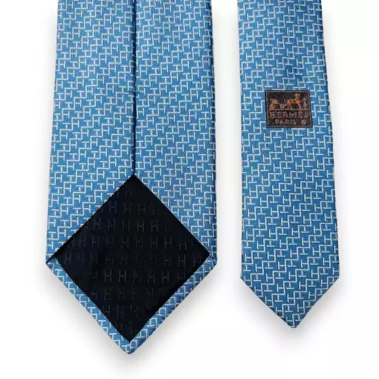 HERMES Necktie Men's Tie Sky Blue H-weave 100% Silk Made in France Free Shipping