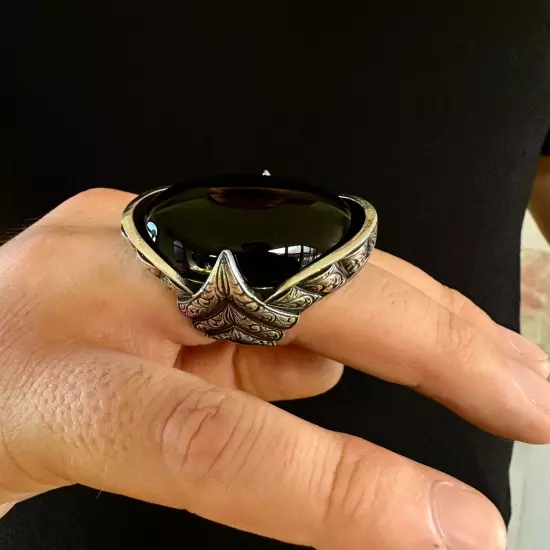 925 Sterling Silver Onyx Stone Engraved Design Turkish Handmade Huge Men's Ring