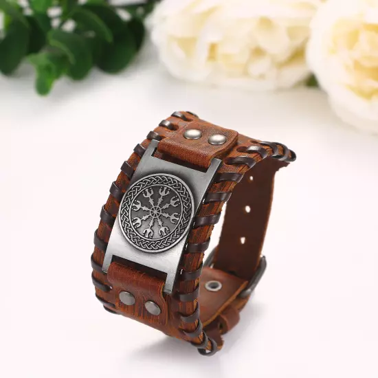 Men's Wide Leather Bracelet Nordic Runes Compass Celtic Pagan Amulet Bangle Cuff