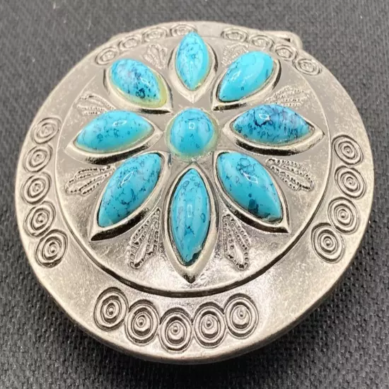 Woman's Belt Buckle 2 1/2" Round Metal 9 Faux Turquoise Pieces BOHO Vintage