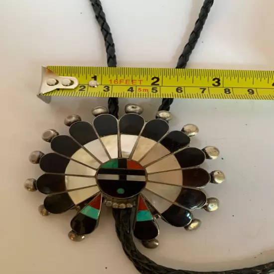 Vintage Zuni Signed Native American Multi-Gemstone Sun Face Bolo Tie