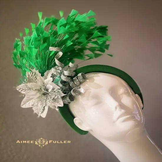 Christmas Fascinator Derby Hat Green Silk Holiday Cocktail Hat Melbourne Cup