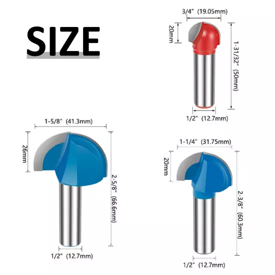 3Pcs 1/2" Shank Core Box Router Bit Set Diameter 3/4" 1-1/4" 1-5/8" Router Bitφ