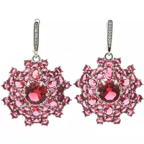 Gorgeous Pink Raspberry Rhodolite Garnet CZ Woman's Wedding Silver Earrings