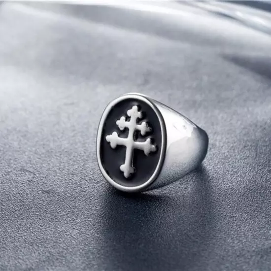 Stainless Steel Men's Cross of Lorraine Ring Knights Templar Crusader Jewelry