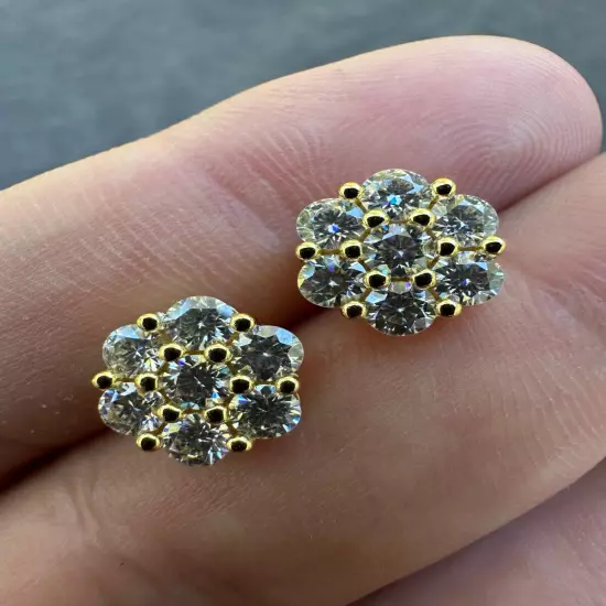 Moissanite Studs Iced Cluster Flower Set Earrings Real 14k Gold Over 925 Silver