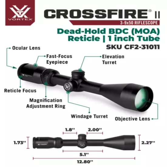 Vortex Optics Crossfire II 3-9X50 SFP Riflescope Dead Hold BDC w Rings