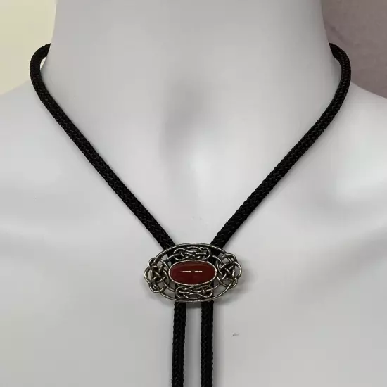 Bolo Tie - Burgundy Cabochon Silver Tone Slide Black Cord Western Cowboy Cowgirl