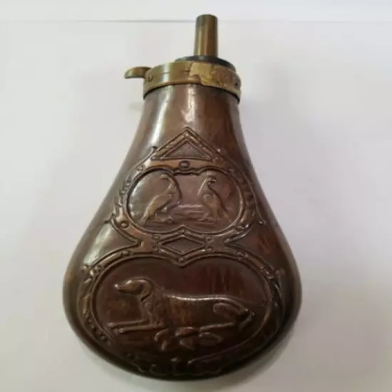 VINTAGE BRASS AND COPPER BLACK POWDER FLASK HUNTING DOG BIRD DESIGN