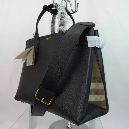 $1790 BURBERRY MD BANNER BLACK LEATHER CHECK CANVAS SHOULDER MEDIUM TOTE BAG