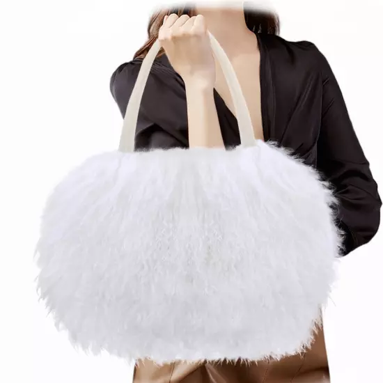 FINILUO Real Long Lamb Fur/Mongolian Fur with Genuine Leather Handles Handbag