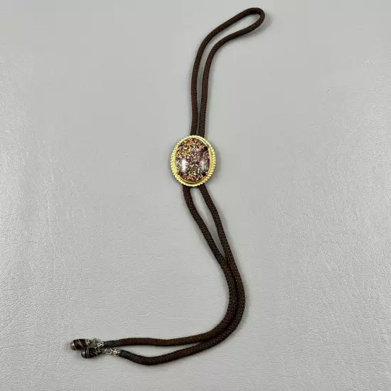 Bolo Tie Polished Stone Burgundy Gold Tone W/ Brown Rope Beaded Western Unisex 