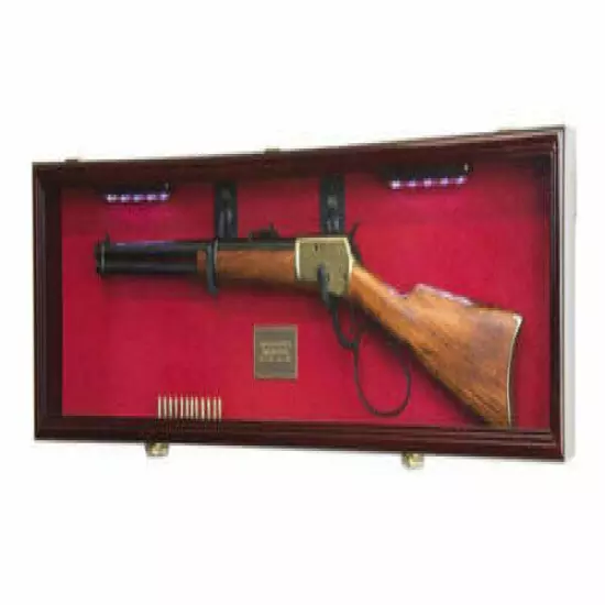 Gun Display Case Cabinet Rifle Cherry Solid Wood LED Light Shotgun USA Frame 44"