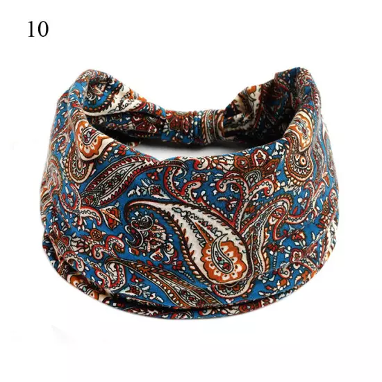 Women Boho Flower Print Wide Headband Vintage Knot Elastic Turban Headwrap *