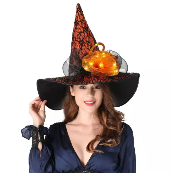 Orange Halloween Costume LED Light Witch Hats for Women Steeple Top with Lamp...