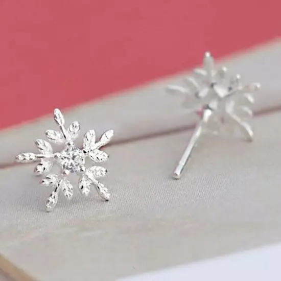 Women 925 Silver Filled Snowflake Stud Earring Cubic Zircon Wedding Jewelry