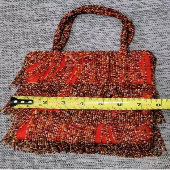 Express Beaded Purse / Handbag Double Handle Fringed Floral Red